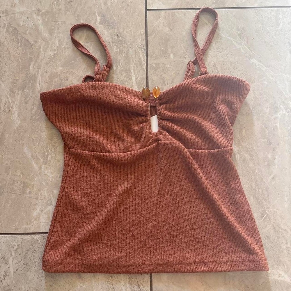 A New Day Brown Ribbed Knit Crop Top Stone Detail Keyhole Size S NWT